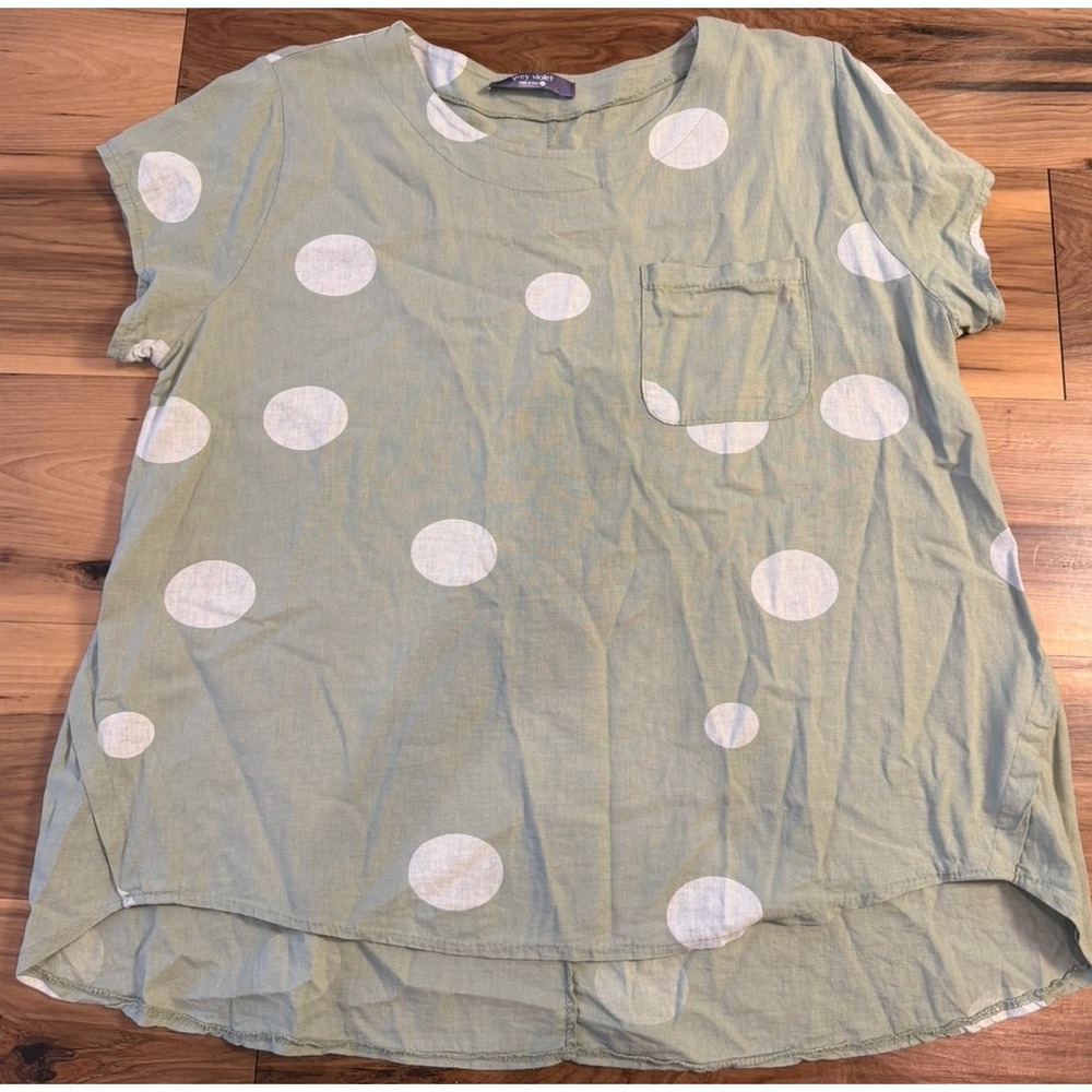 Grey Violet Italian Linen Polka Dot Top XL Oversized Green Pocket Lagenlook